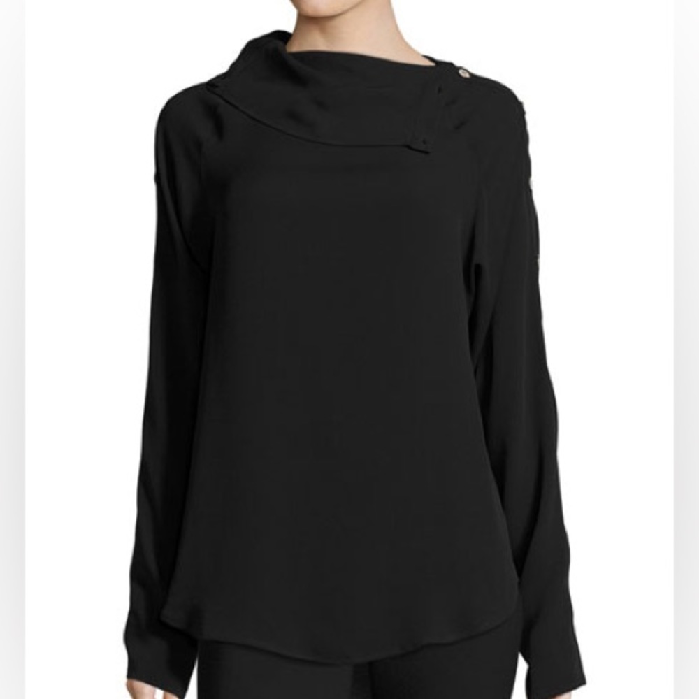 Theory Black Long-Sleeve Draped Neck Blouse